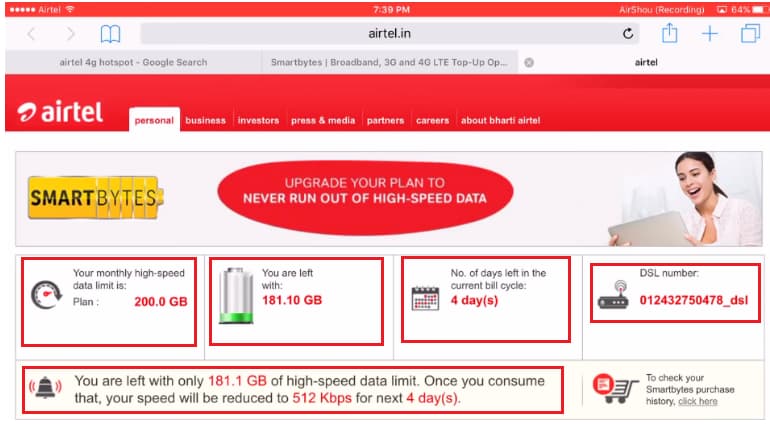 how to check airtel broadband usage